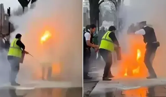 Kendini ateşe veren adama polis müdahalesi!