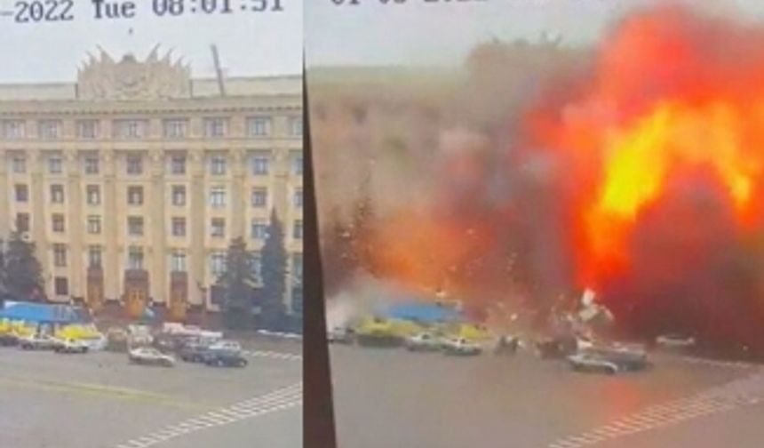 Rus ordusu, Harkov'da belediye binasını havaya uçurdu: Korkunç patlama anı kameralara yansıdı!
